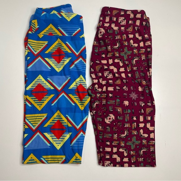 LuLaRoe Leggings OS One Size Set of 2 Blue Triangles and Red Square Patterns - Picture 1 of 5